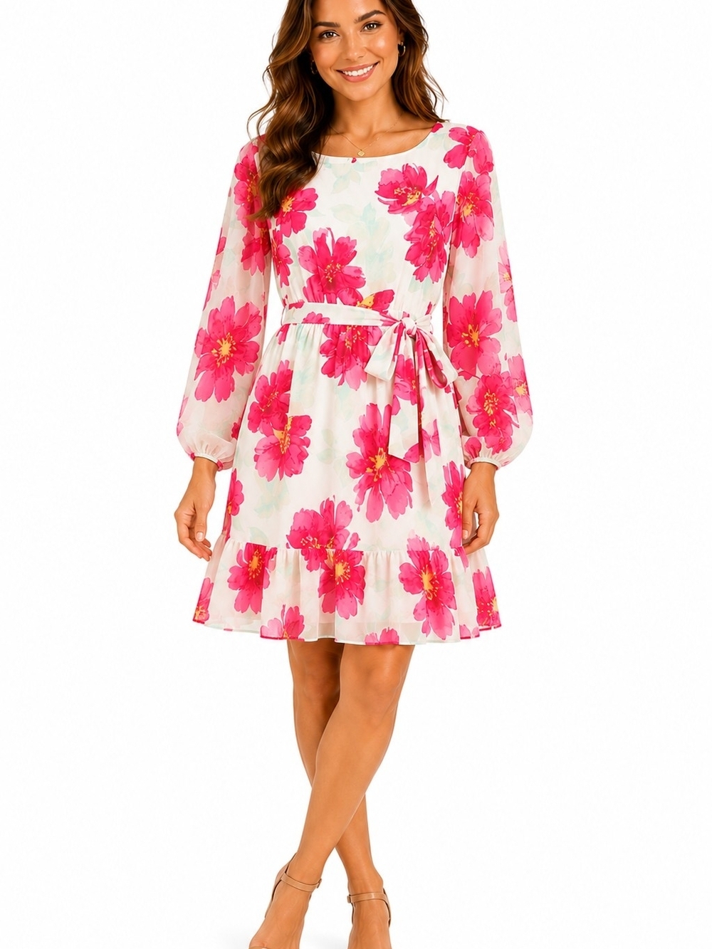Flying Tomato Pink Chic Floral Flowy Tiered Belted Dress Small